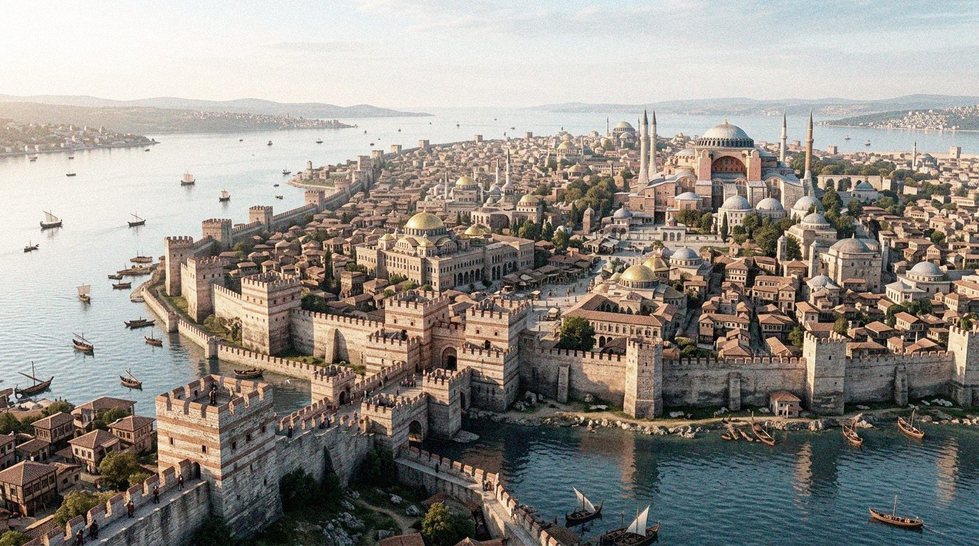 La ciudad medieval amurallada de Constantinopla. En primer plano, las imponentes Murallas Teodosianas con torres cuadradas protegen el perímetro. En el centro, la majestuosa basílica de Hagia Sophia con su gran cúpula y minaretes domina el horizonte, rodeada de edificios de tejados rojizos y la ciudad densamente poblada. El mar de Mármara está lleno de antiguos barcos de vela. La luz del atardecer ilumina la escena.