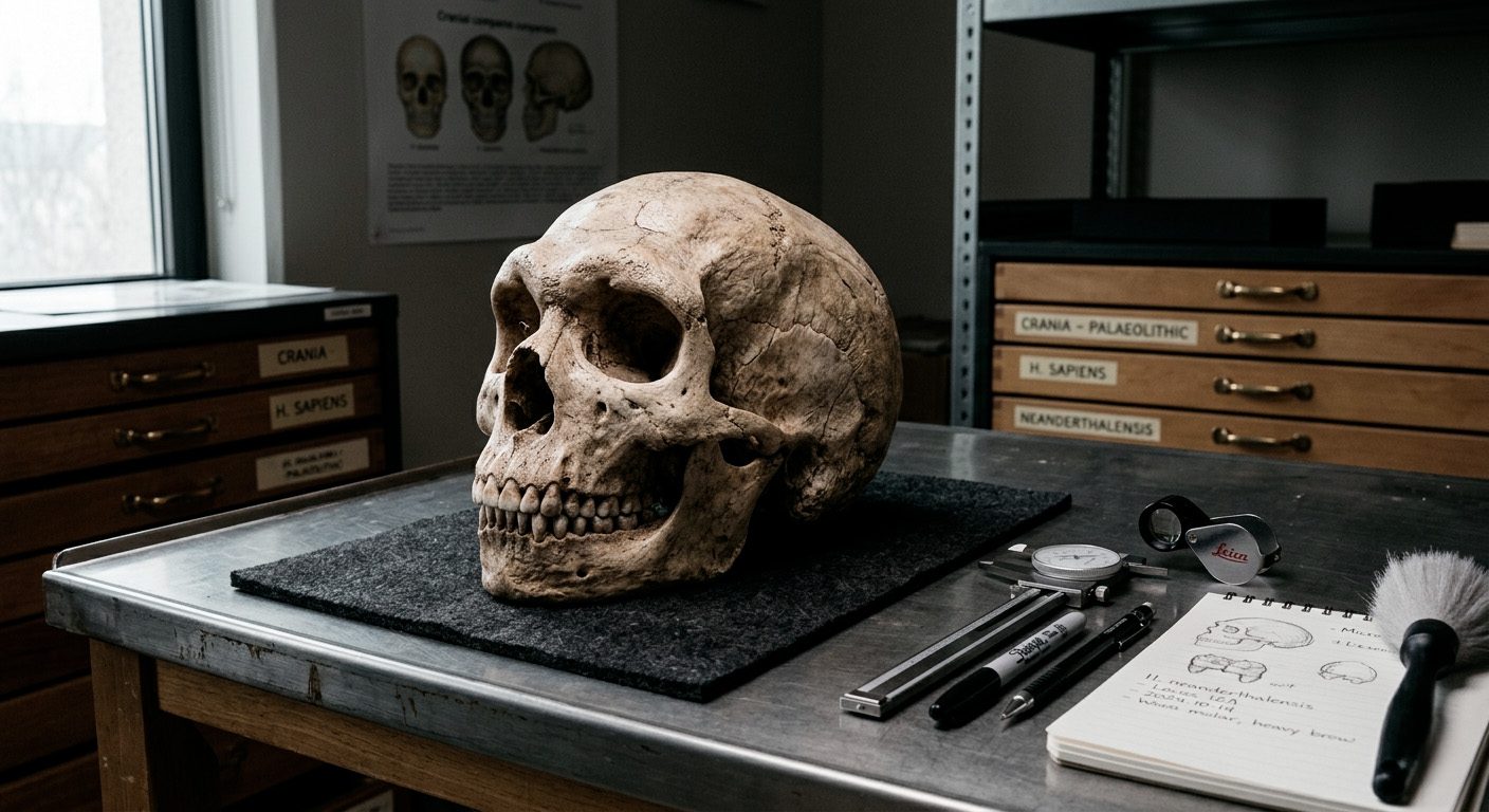 Cráneo fósil atribuido a neandertal sobre mesa de laboratorio con instrumentos de medición y archivo científico paleoantropológico