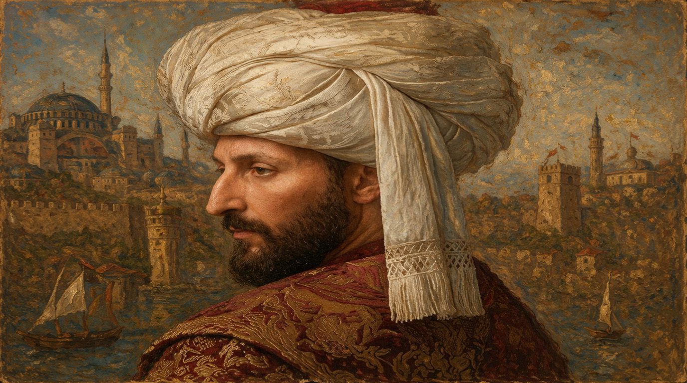 Pintura al óleo detallada que muestra un retrato de perfil de Mehmed II El Conquistador con un gran turbante de seda blanco y una rica túnica bordada. Mira hacia la izquierda, hacia una vista panorámica de la ciudad conquistada de Constantinopla (Estambul). Al fondo, la gran cúpula de Hagia Sophia, ahora con minaretes otomanos, domina el horizonte sobre las murallas fortificadas y el Bósforo, lleno de barcos de vela. El cielo tiene un acabado dorado texturizado y un ligero tono azul. El retrato de Mehmed II es el foco central, con la ciudad sirviendo como el telón de fondo simbólico de su conquista.