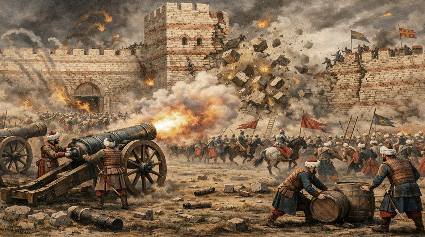 Batalla intensa frente a las Murallas Teodosianas. Miles de soldados otomanos, armados con mosquetes, cañones y espadas, rodean las gigantescas fortificaciones de piedra erosionadas por la artillería. En primer plano, tres soldados asaltan una brecha en la muralla, escalando las ruinas con escaleras de mano. Al fondo, la ciudad de Constantinopla está envuelta en humo, con la gran cúpula de Hagia Sophia como punto focal, simbolizando el final de una era. La flota otomana bloquea la entrada al Mar de Mármara bajo un cielo dramático y nubarrones de tormenta.