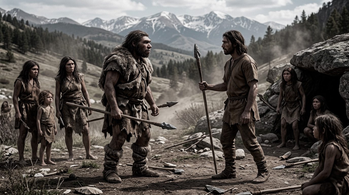 Reconstrucción realista de un neandertal frente a un Homo sapiens acompañado por grupos familiares en un valle montañoso durante la prehistoria