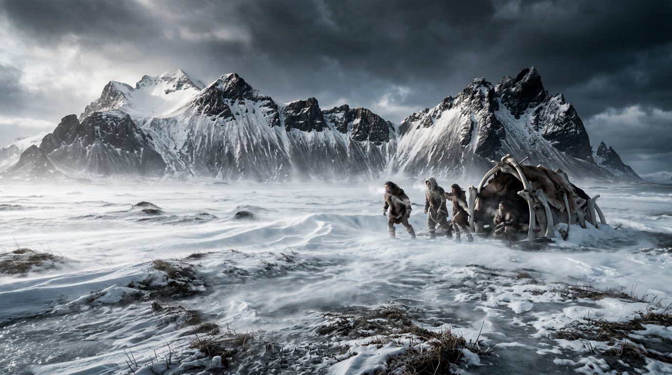 Reconstrucción realista de un grupo de neandertales junto a un refugio de huesos y pieles en una llanura helada rodeada de montañas nevadas