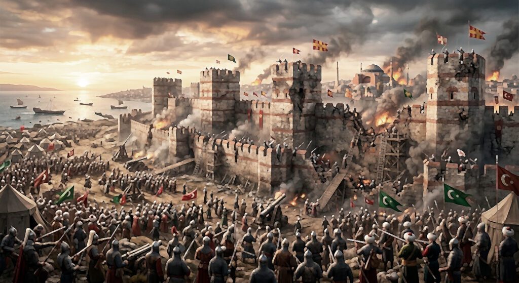 Una pintura histórica detallada que representa el asedio final de Constantinopla por el ejército otomano en 1453. Miles de soldados turcos con estandartes rojos de media luna y banderas verdes rodean las gigantescas murallas de piedra erosionadas por la artillería. Las tropas asaltan una brecha en la muralla utilizando escaleras y andamios, bajo el fuego defensivo y las bombas de humo de los bizantinos. Al fondo, se ve el horizonte de la ciudad con la gran cúpula de Hagia Sophia rodeada de humo y llamas. Una flota otomana navega en el mar cerca de la muralla marítima bajo un cielo dramático y nubarrones de tormenta.