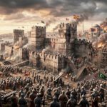 Una pintura histórica detallada que representa el asedio final de Constantinopla por el ejército otomano en 1453. Miles de soldados turcos con estandartes rojos de media luna y banderas verdes rodean las gigantescas murallas de piedra erosionadas por la artillería. Las tropas asaltan una brecha en la muralla utilizando escaleras y andamios, bajo el fuego defensivo y las bombas de humo de los bizantinos. Al fondo, se ve el horizonte de la ciudad con la gran cúpula de Hagia Sophia rodeada de humo y llamas. Una flota otomana navega en el mar cerca de la muralla marítima bajo un cielo dramático y nubarrones de tormenta.