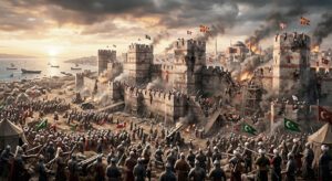 Una pintura histórica detallada que representa el asedio final de Constantinopla por el ejército otomano en 1453. Miles de soldados turcos con estandartes rojos de media luna y banderas verdes rodean las gigantescas murallas de piedra erosionadas por la artillería. Las tropas asaltan una brecha en la muralla utilizando escaleras y andamios, bajo el fuego defensivo y las bombas de humo de los bizantinos. Al fondo, se ve el horizonte de la ciudad con la gran cúpula de Hagia Sophia rodeada de humo y llamas. Una flota otomana navega en el mar cerca de la muralla marítima bajo un cielo dramático y nubarrones de tormenta.