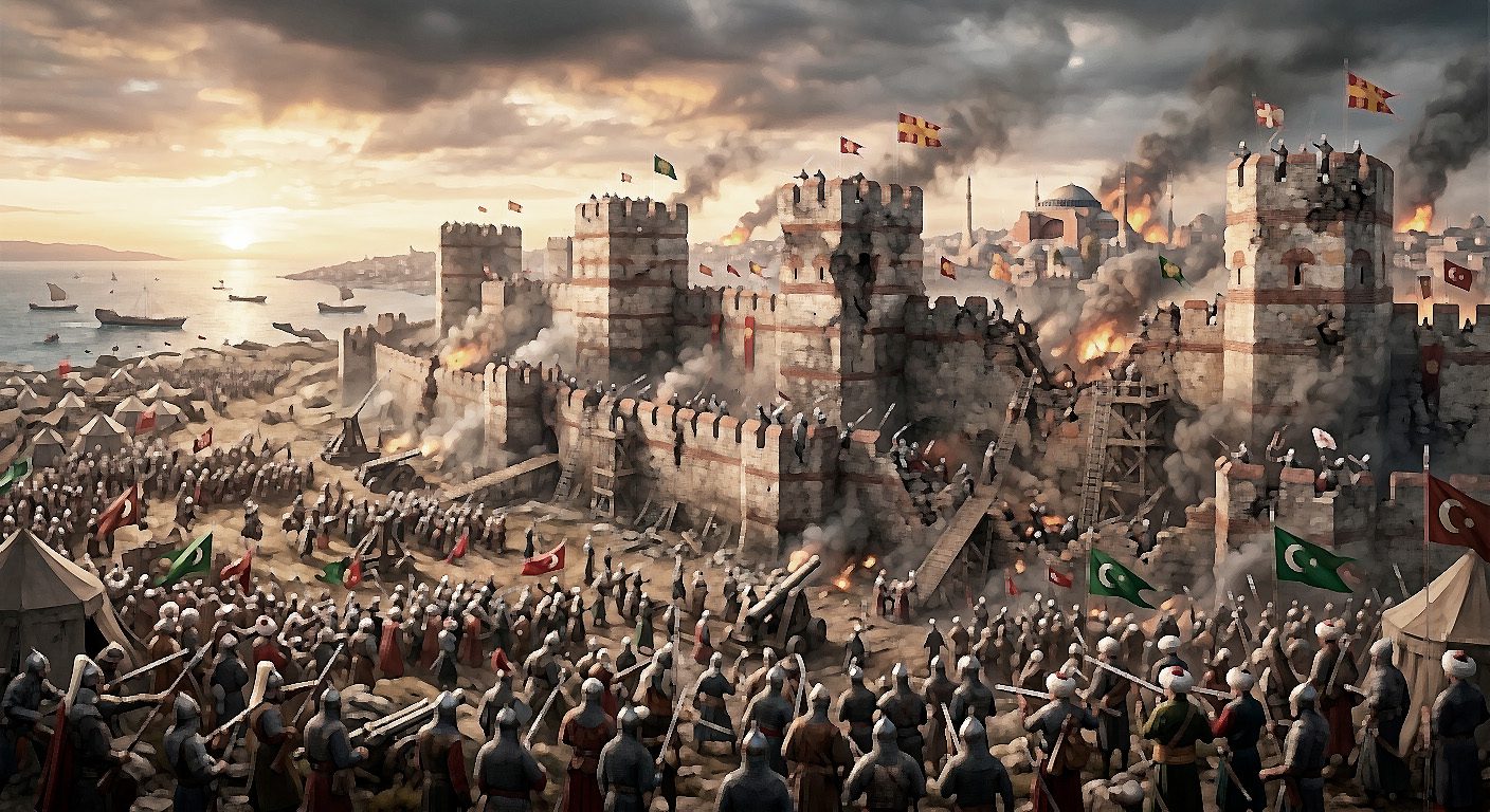 Una pintura histórica detallada que representa el asedio final de Constantinopla por el ejército otomano en 1453. Miles de soldados turcos con estandartes rojos de media luna y banderas verdes rodean las gigantescas murallas de piedra erosionadas por la artillería. Las tropas asaltan una brecha en la muralla utilizando escaleras y andamios, bajo el fuego defensivo y las bombas de humo de los bizantinos. Al fondo, se ve el horizonte de la ciudad con la gran cúpula de Hagia Sophia rodeada de humo y llamas. Una flota otomana navega en el mar cerca de la muralla marítima bajo un cielo dramático y nubarrones de tormenta.