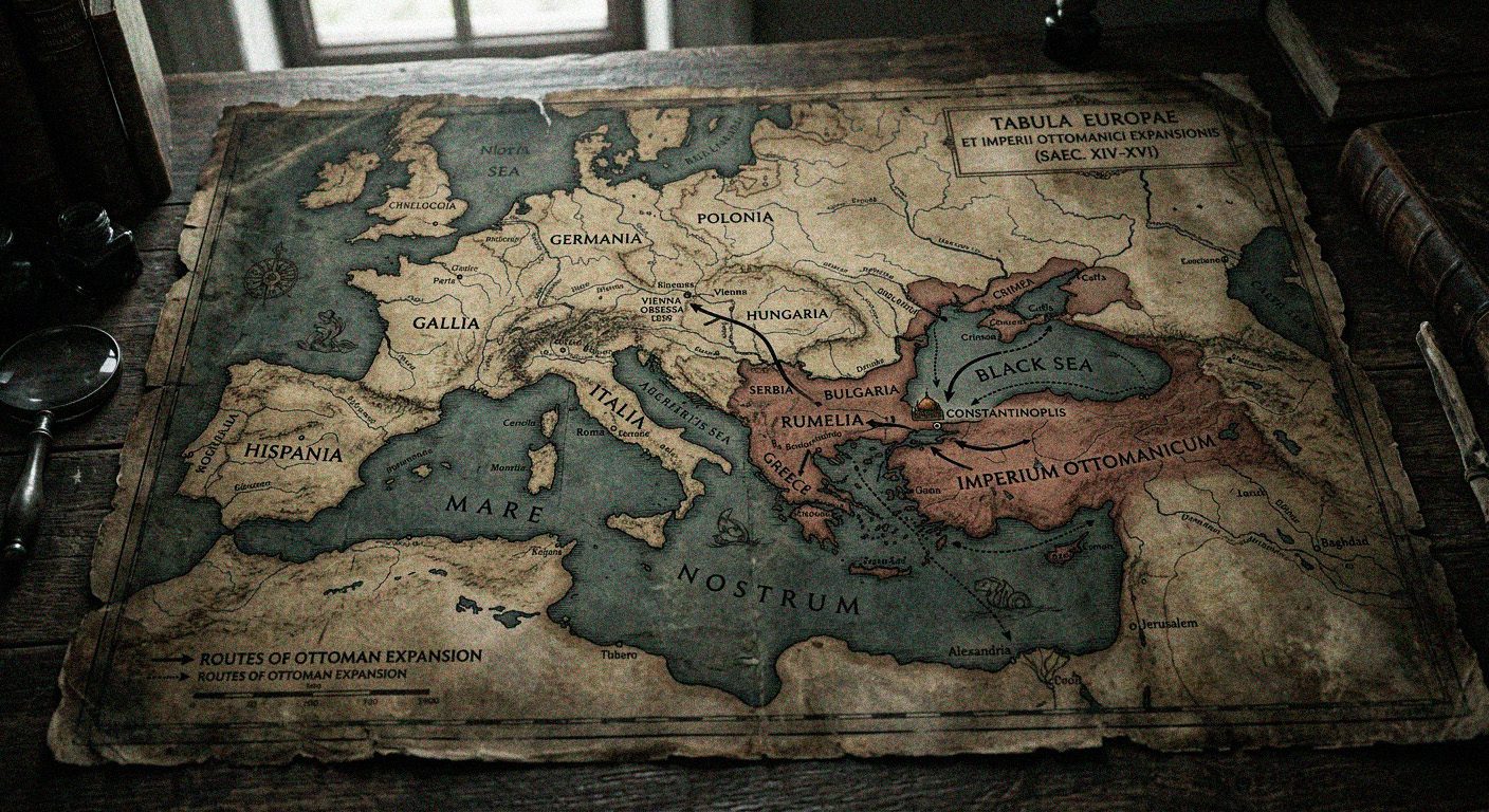 Mapa que recrea el clímax del asedio final de Constantinopla por el ejército otomano en 1453. Miles de soldados turcos con estandartes rojos de media luna y banderas verdes rodean las gigantescas murallas defensivas de piedra erosionadas por la artillería. Las tropas asaltan una brecha en la muralla utilizando escaleras y andamios, bajo el fuego defensivo de los bizantinos. Al fondo, la gran cúpula de Hagia Sophia está rodeada de humo y llamas, simbolizando el final de una era. La flota otomana bloquea la entrada al Mar de Mármara bajo un cielo dramático del atardecer.