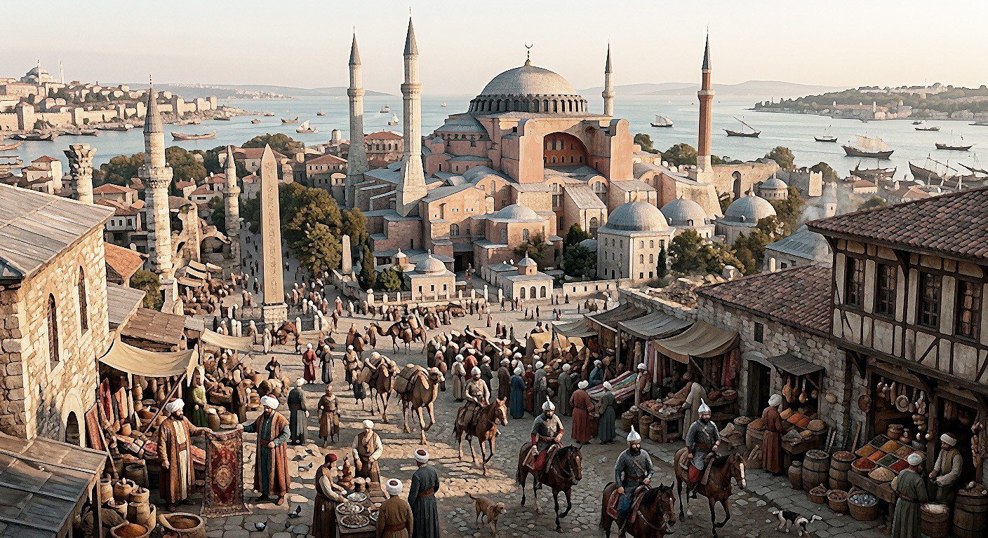 La ciudad de Estambul (antigua Constantinopla) durante la era otomana temprana. En el centro, la monumental mezquita de Hagia Sophia domina el horizonte con su gran cúpula, rodeada por sus cuatro minaretes otomanos con finiales de media luna y edificios de madrasas más pequeños. Debajo, un animado mercado callejero de adoquines está lleno de gente vestida con ropajes otomanos tradicionales (caftanes, turbans, gorros de fieltro), camellos que transportan mercancías, jinetes sipahis a caballo y vendedores que exhiben alfombras, especias y otros productos en sus puestos detallados. A la izquierda, el obelisco egipcio cerca de la torre del acueducto y una mezquita más pequeña (con un minarete más oscuro y delgado) son visibles. El Bósforo está poblado por numerosas galeras y barcos tradicionales otomanos. La luz del atardecer ilumina la escena con un tono dorado.