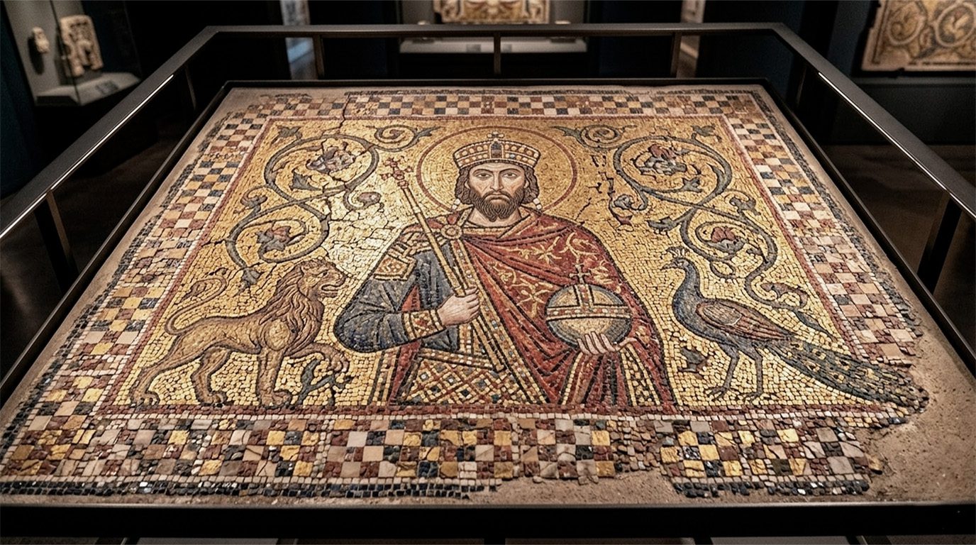 Una fotografía de primer plano en ángulo de un gran mosaico de pavimento bizantino de piedra y vidrio de color dorado y tierra, fragmentado y deteriorado, expuesto en una caja de exhibición de museo de vidrio y metal oscuro. El mosaico muestra una representación imperial central de un emperador bizantino de perfil a la izquierda, vestido con un loros imperial bordado de rojo y oro, sosteniendo un cetro y un orbe, flanqueado por un león rampante a la izquierda y un pavo real a la derecha enredados en rollos de vid. El panel central rectangular está rodeado por un borde de patrón de tablero de ajedrez multicolor, y todo el conjunto está situado sobre una base de mortero texturizado. La exhibición está rodeada por la tenue iluminación de la sala del museo, con otros artefactos borrosos en el fondo. El acabado de la superficie del mosaico está visiblemente envejecido y texturizado, con teselas irregulares y desgaste histórico.