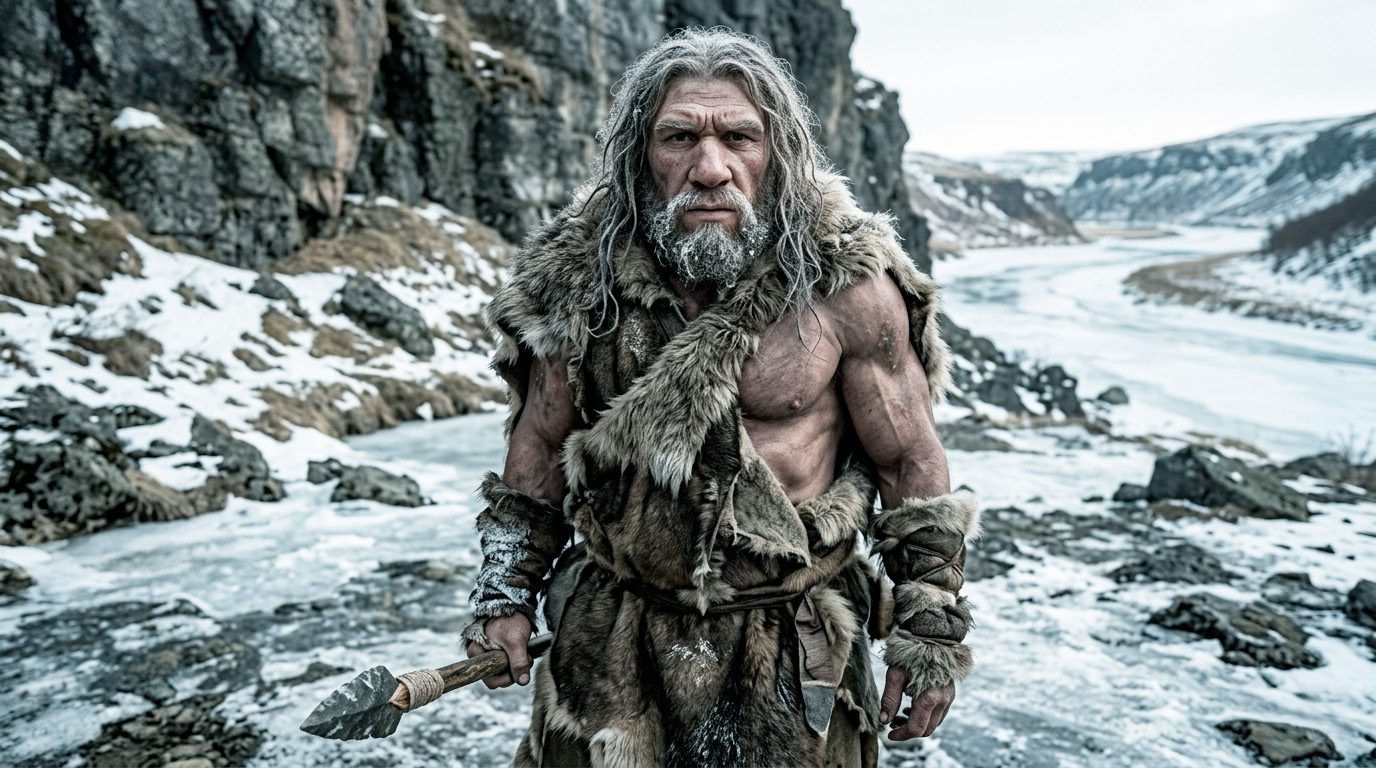 Reconstrucción realista de un neandertal musculoso en un valle helado durante la prehistoria, con herramientas de piedra y vestimenta de pieles