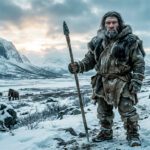 Reconstrucción realista de un neandertal en un paisaje nevado de la prehistoria europea con mamuts al fondo