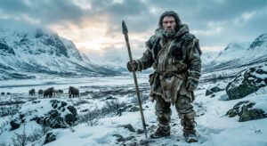 Reconstrucción realista de un neandertal en un paisaje nevado de la prehistoria europea con mamuts al fondo