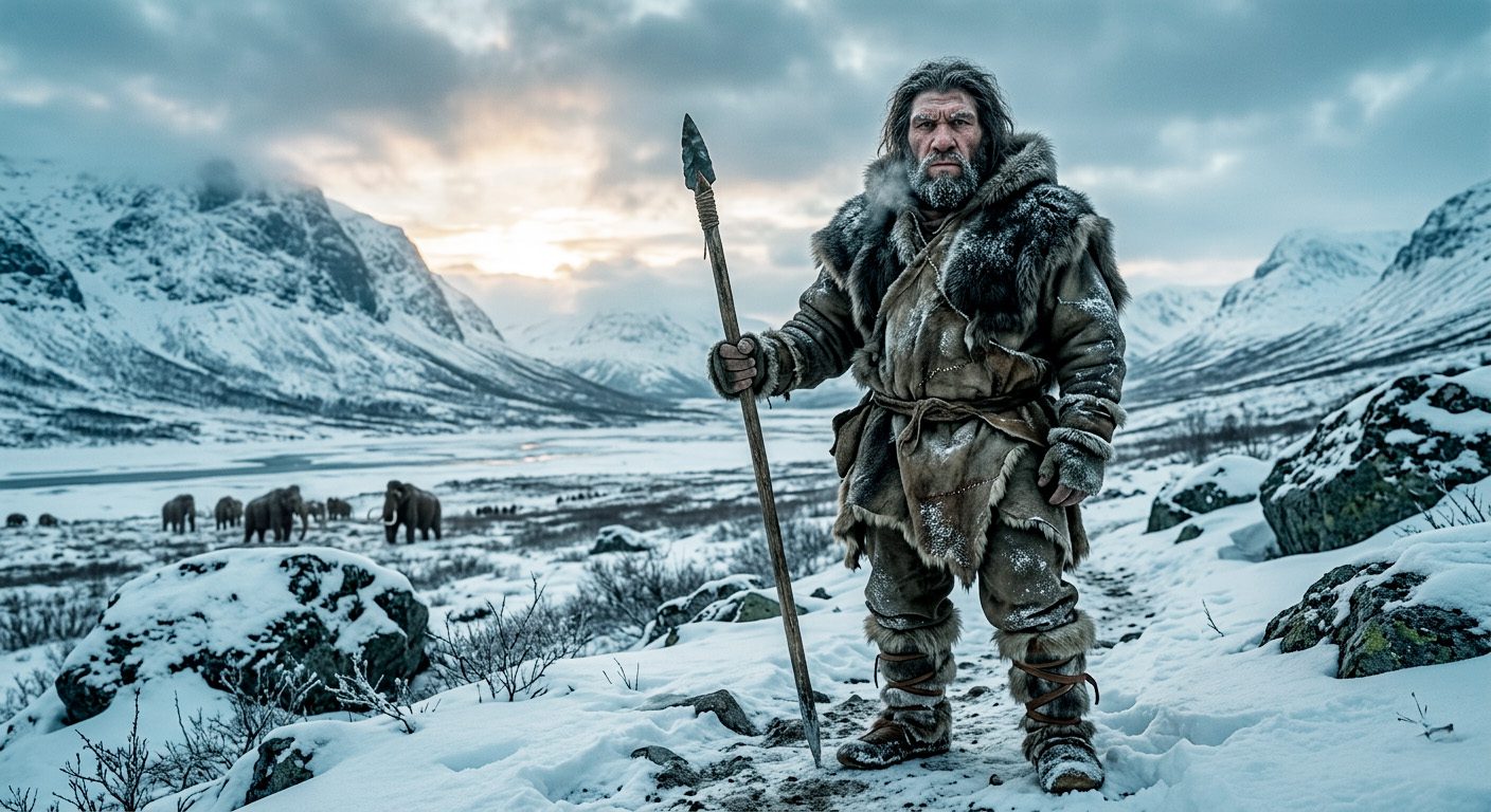 Reconstrucción realista de un neandertal en un paisaje nevado de la prehistoria europea con mamuts al fondo