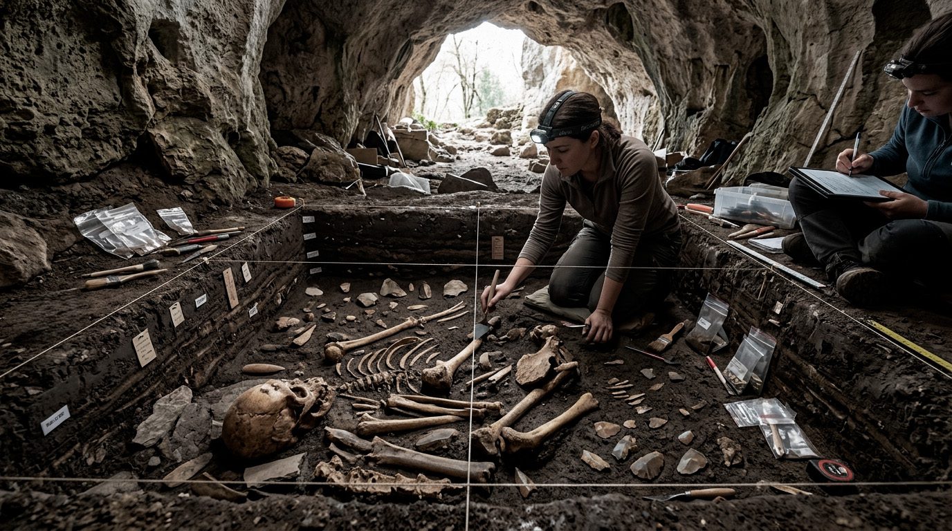 Una recreación fotográfica ultra realista de una excavación arqueológica dentro de una cueva. Un diorama detallado muestra una fosa dividida en cuadrículas de cuerda, con réplicas de un cráneo Neandertal, huesos dispersos y herramientas de piedra Mousterienses en el suelo de tierra. Dos actrices vestidas de arqueólogas, con linternas de cabeza, escenifican el trabajo: una arrodillada limpiando un hueso con un pincel, y la otra sentada tomando notas en un portapapeles. El fondo de la cueva está abierto a una luz natural recreada. Hay bolsas de muestras y herramientas de utilería alrededor de la fosa.