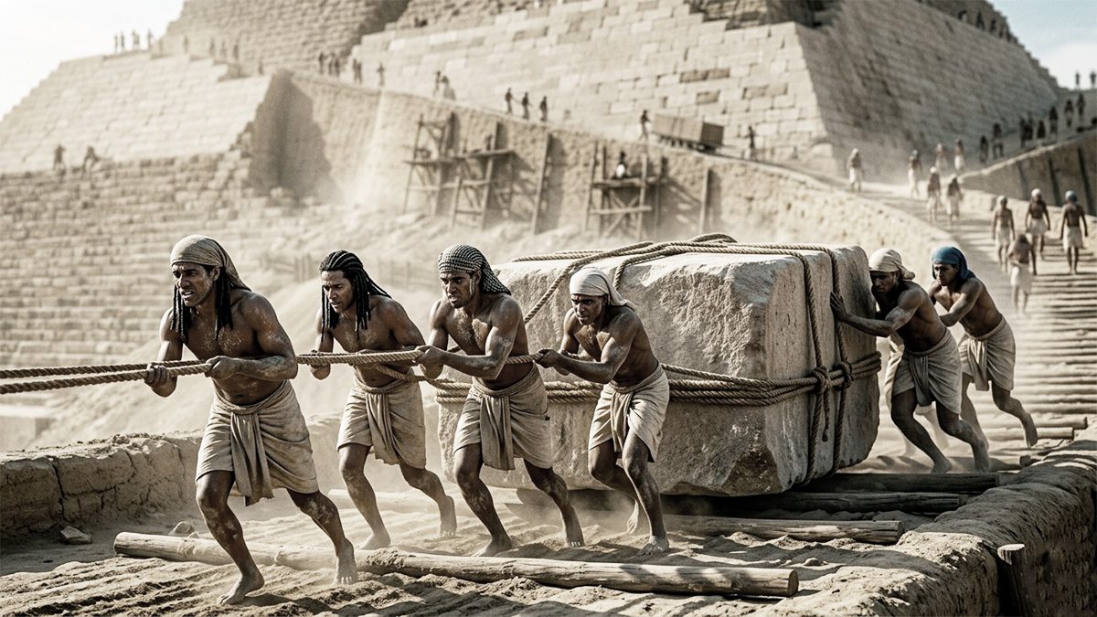 Trabajadores egipcios elevando bloques de piedra en la construcción de la Pirámide de Giza