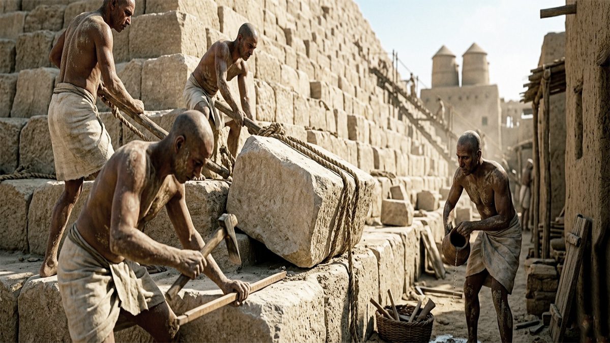 Transporte de bloques de piedra en la construcción de la Pirámide de Giza