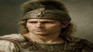 Un retrato realista y de primer plano de Alejandro Magno con un casco griego antiguo de bronce ornamentado con un emblema de águila y un penacho de crin de caballo. Tiene una expresión decidida y lleva una armadura clásica con una capa de color crema. El fondo es texturizado y neutro.