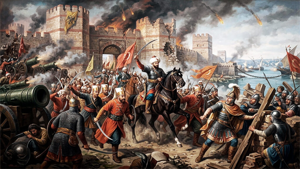 Pintura de la Caída de Constantinopla en 1453 con cañones otomanos bombardeando las Murallas Teodosianas y tropas en combate.