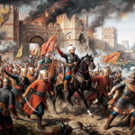 Pintura de la Caída de Constantinopla en 1453 con cañones otomanos bombardeando las Murallas Teodosianas y tropas en combate.