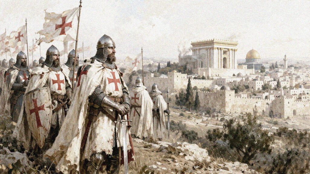 Caballeros templarios con mantos blancos y cruces rojas observan Jerusalén con el Templo de Salomón al fondo en estilo pictórico medieval.