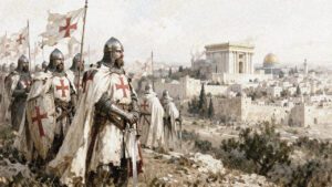 Caballeros templarios con mantos blancos y cruces rojas observan Jerusalén con el Templo de Salomón al fondo en estilo pictórico medieval.