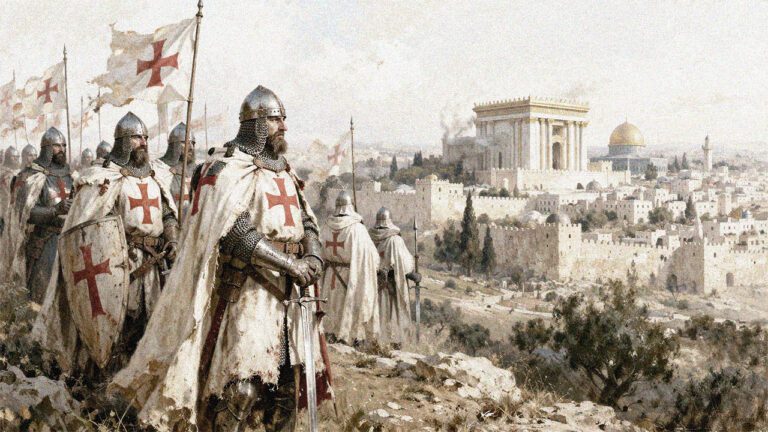 Caballeros templarios con mantos blancos y cruces rojas observan Jerusalén con el Templo de Salomón al fondo en estilo pictórico medieval.