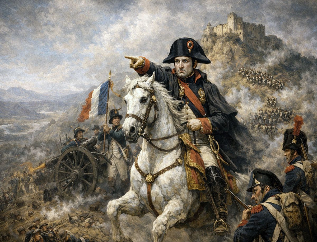 Napoleón Bonaparte observando el campo de batalla tras Waterloo en una representación inspirada en pintura histórica francesa del siglo XIX