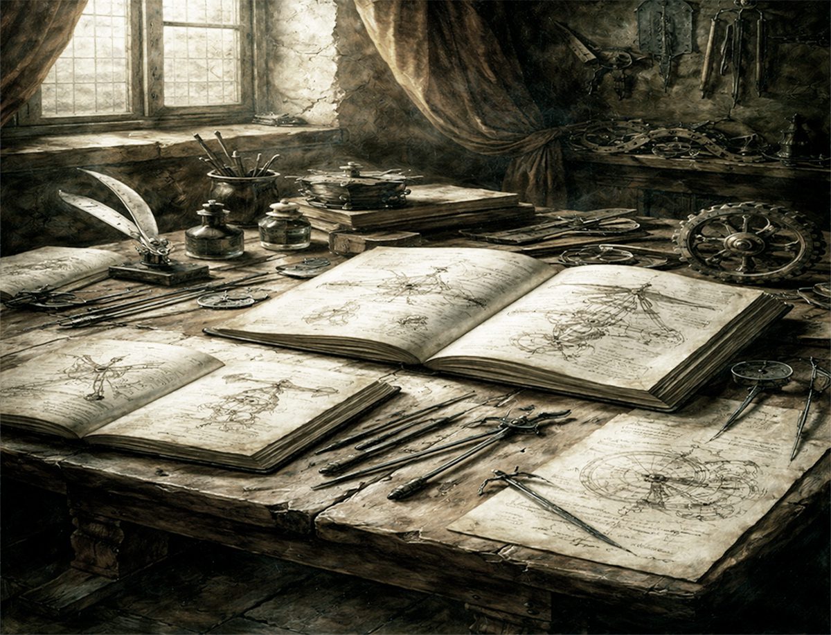Mesa de trabajo con cuadernos abiertos y dibujos técnicos inspirados en los estudios de ingeniería de Leonardo da Vinci
