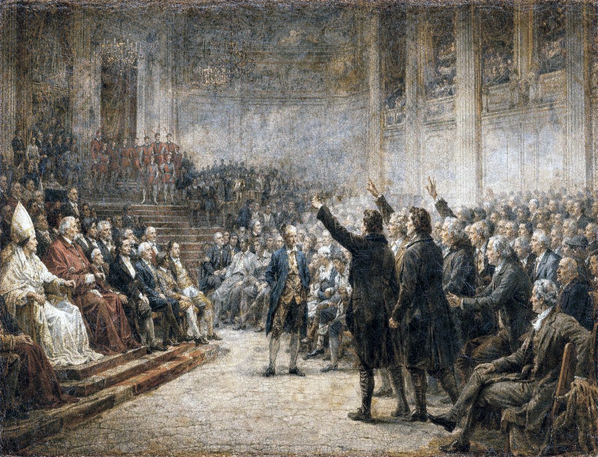 Representantes del clero, la nobleza y el tercer estado durante una sesión de los Estados Generales en Francia en 1789