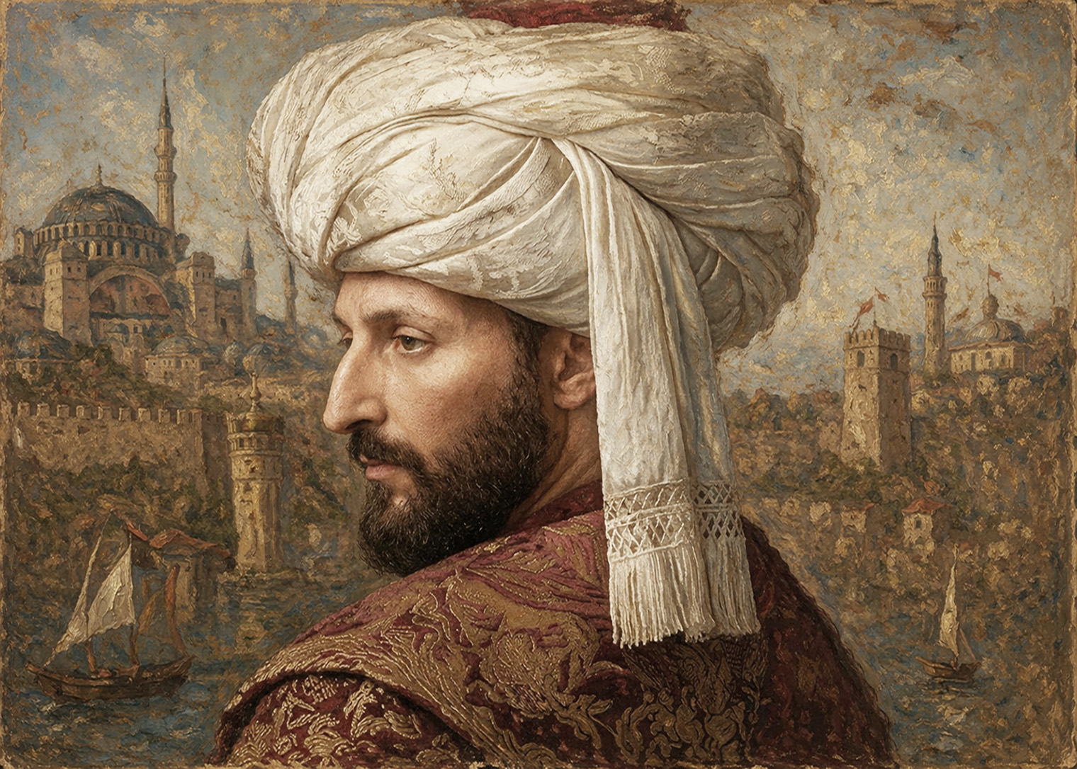 Pintura al óleo detallada que muestra un retrato de perfil de Mehmed II El Conquistador con un gran turbante de seda blanco y una rica túnica bordada. Mira hacia la izquierda, hacia una vista panorámica de la ciudad conquistada de Constantinopla (Estambul). Al fondo, la gran cúpula de Hagia Sophia, ahora con minaretes otomanos, domina el horizonte sobre las murallas fortificadas y el Bósforo, lleno de barcos de vela. El cielo tiene un acabado dorado texturizado y un ligero tono azul. El retrato de Mehmed II es el foco central, con la ciudad sirviendo como el telón de fondo simbólico de su conquista.