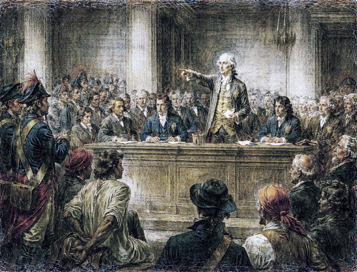 Pintura histórica que muestra a Luis XVI de pie señalando con firmeza mientras es juzgado por un grupo de hombres sentados en una sala solemne durante la Revolución Francesa