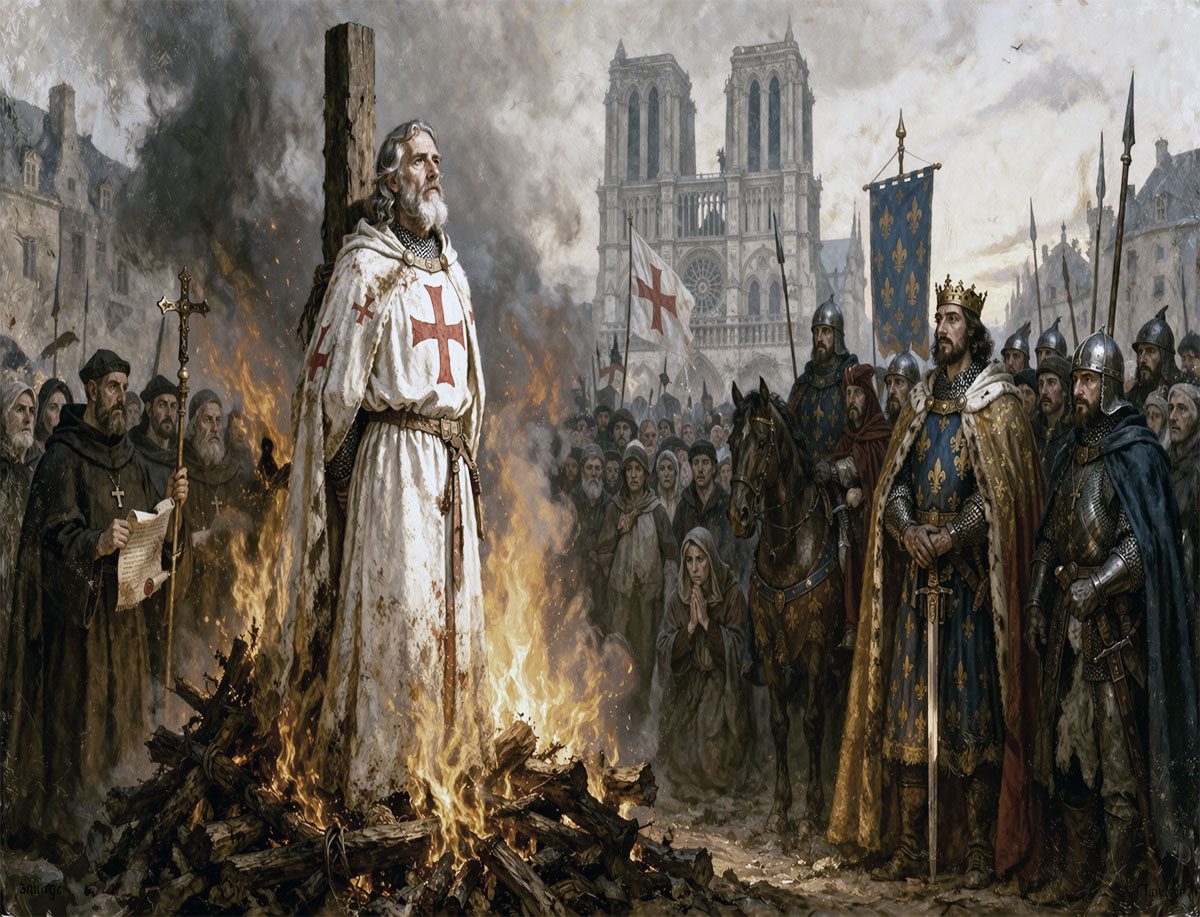 Jacques de Molay, líder templario, es ejecutado en la hoguera ante una multitud mientras el rey observa, con Notre Dame al fondo.