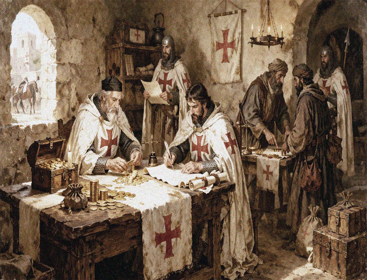 Caballeros templarios gestionan monedas, pergaminos y registros contables en un interior de piedra con luz cálida.
