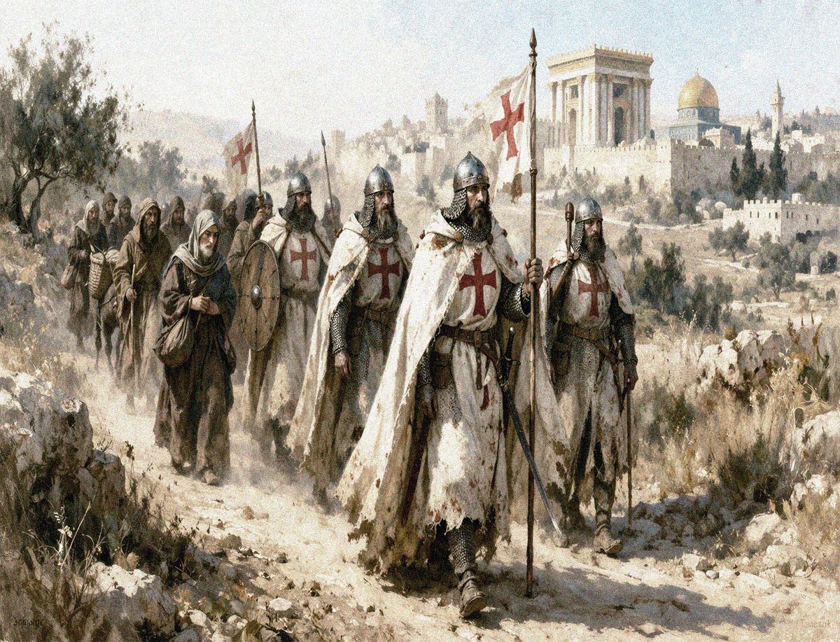 Caballeros templarios armados escoltan peregrinos por un camino polvoriento cerca de Jerusalén en una escena medieval artística.