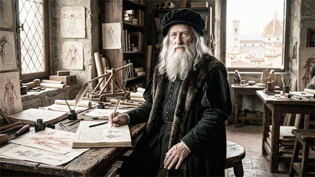 Leonardo da Vinci en su taller de trabajo rodeado de bocetos anatómicos, manuscritos y máquinas del Renacimiento italiano