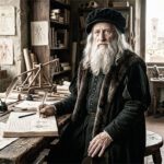 Leonardo da Vinci en su taller de trabajo rodeado de bocetos anatómicos, manuscritos y máquinas del Renacimiento italiano