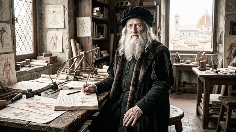 Leonardo da Vinci en su taller de trabajo rodeado de bocetos anatómicos, manuscritos y máquinas del Renacimiento italiano
