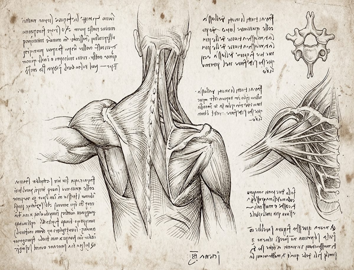 Dibujo anatómico de Leonardo da Vinci en papel sepia con estudio detallado de músculos y estructuras del cuerpo humano