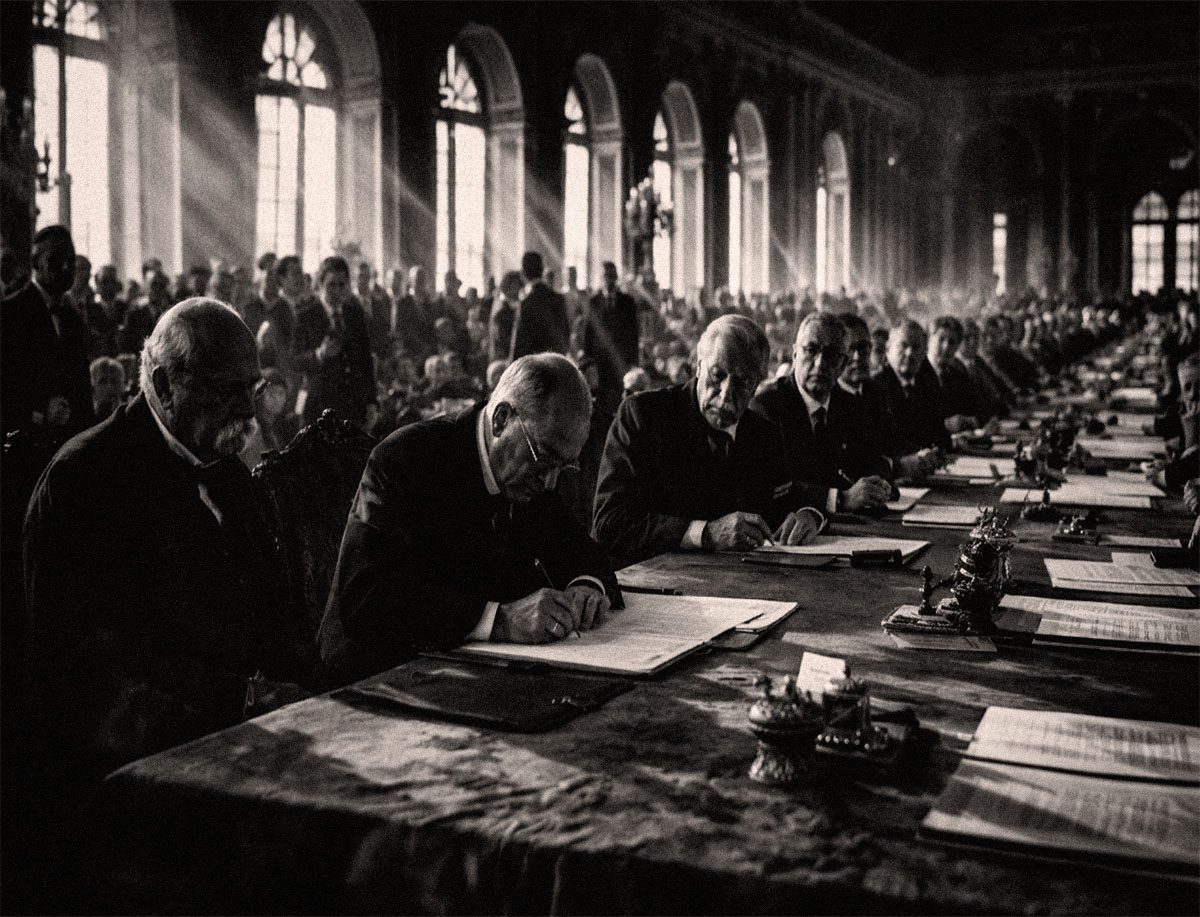 Diplomáticos firmando el Tratado de Versalles en una gran sala con largas mesas y luz entrando por ventanales.