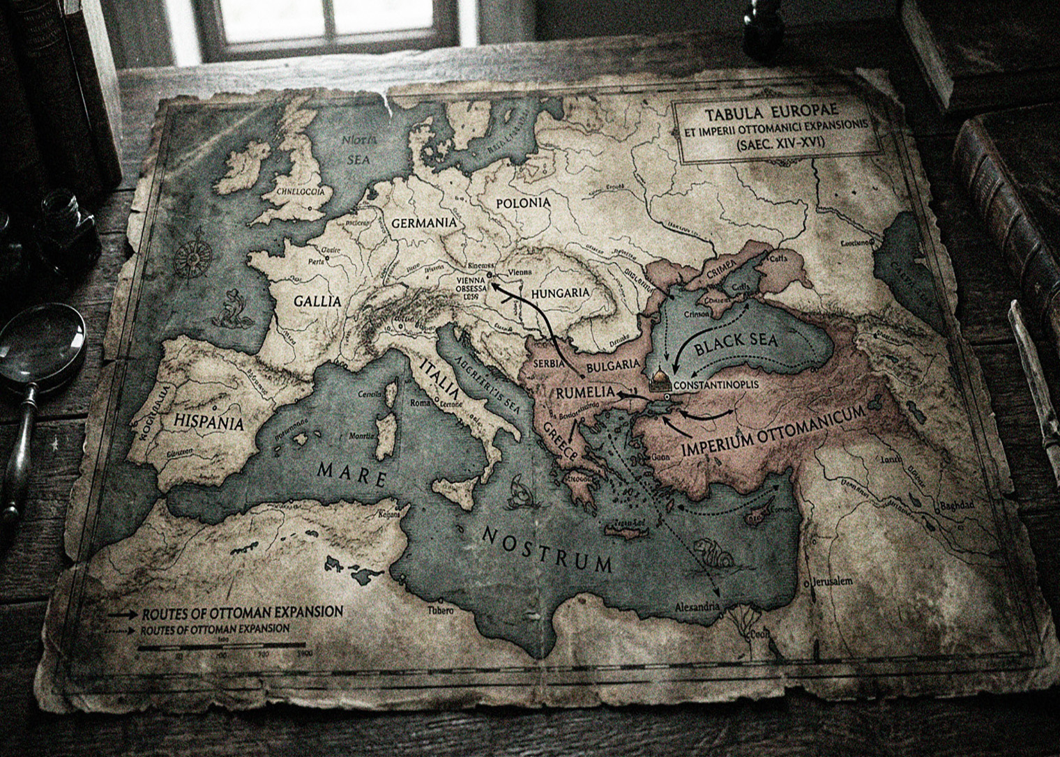 Mapa que recrea el clímax del asedio final de Constantinopla por el ejército otomano en 1453. Miles de soldados turcos con estandartes rojos de media luna y banderas verdes rodean las gigantescas murallas defensivas de piedra erosionadas por la artillería. Las tropas asaltan una brecha en la muralla utilizando escaleras y andamios, bajo el fuego defensivo de los bizantinos. Al fondo, la gran cúpula de Hagia Sophia está rodeada de humo y llamas, simbolizando el final de una era. La flota otomana bloquea la entrada al Mar de Mármara bajo un cielo dramático del atardecer.