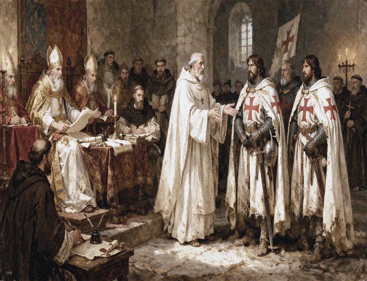 Bernardo de Claraval presenta a los Caballeros Templarios ante obispos y clérigos en una sala de piedra iluminada por velas.