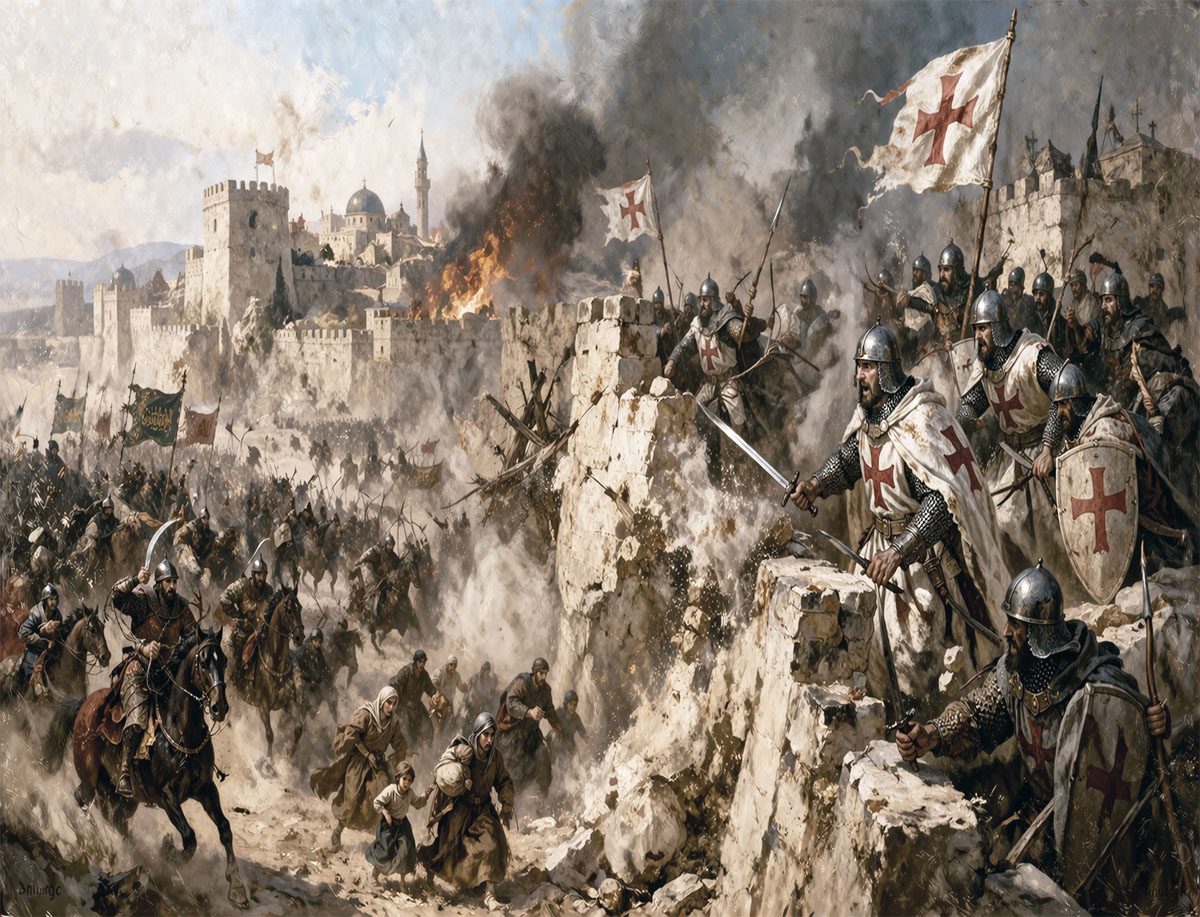 Caballeros templarios defienden las murallas de Acre contra el ejército mameluco mientras la ciudad arde y civiles huyen en una escena medieval pictórica.