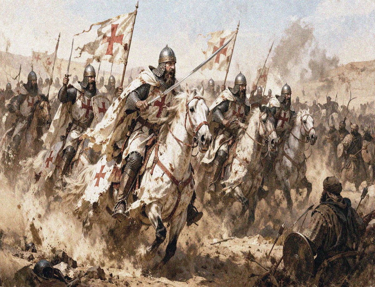 Caballeros templarios a caballo cargan en combate con estandartes de cruces rojas en un campo desértico lleno de polvo y caos.