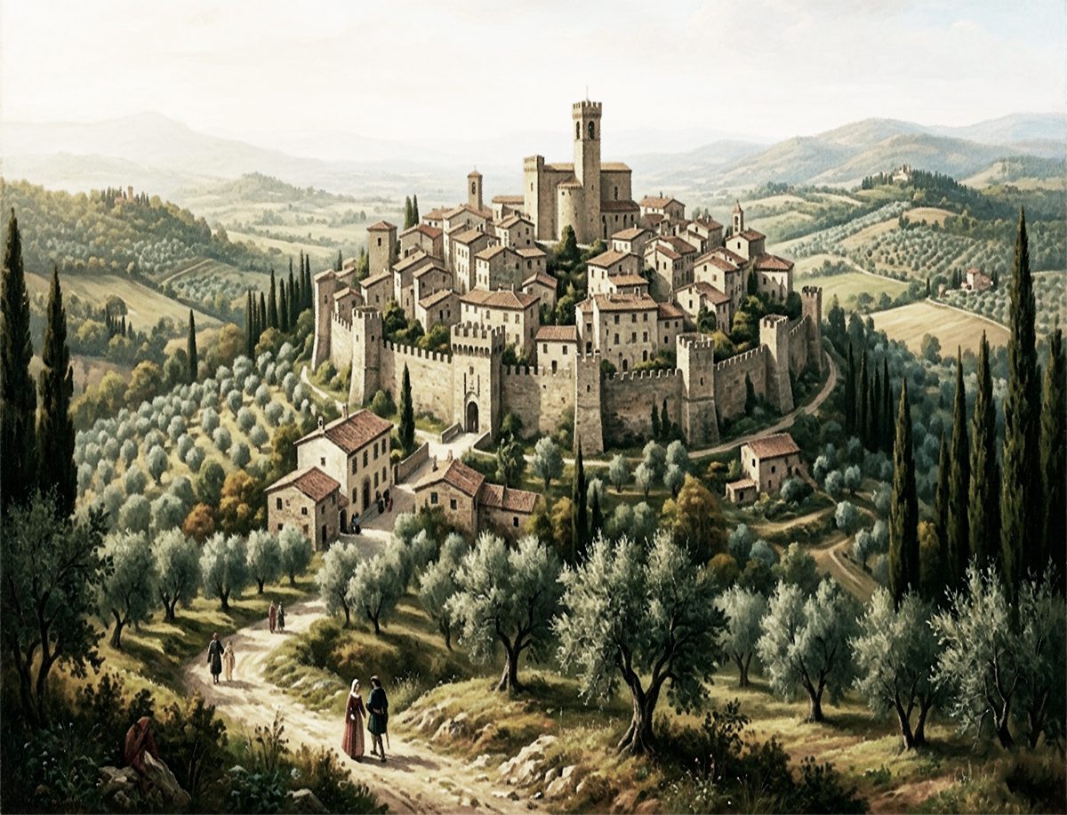 Vista artística de la ciudad de Vinci en la Toscana, lugar de nacimiento de Leonardo da Vinci durante el Renacimiento