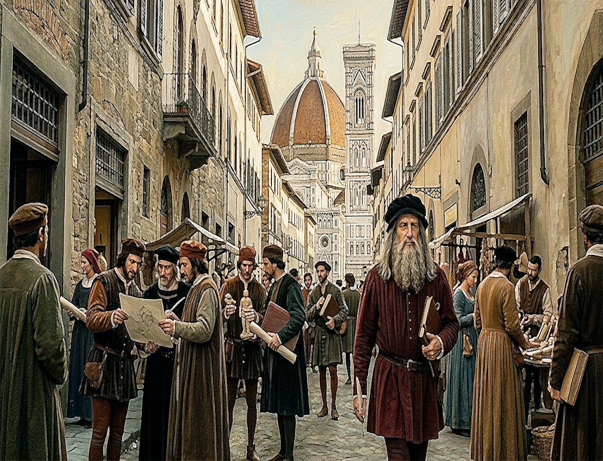 Leonardo da Vinci caminando por una calle de Florencia rodeado de artistas y comerciantes en pleno Renacimiento