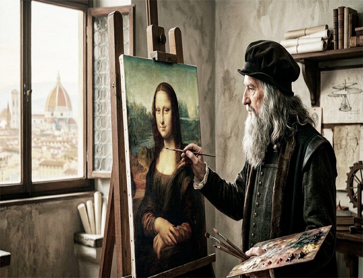 Leonardo da Vinci trabajando frente a la Mona Lisa en su taller de pintura durante el Renacimiento italiano