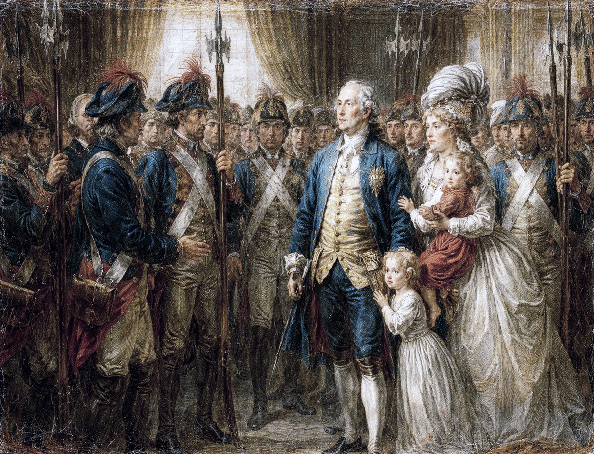 Luis XVI junto a la familia real rodeado por guardias durante la crisis política de la Revolución Francesa