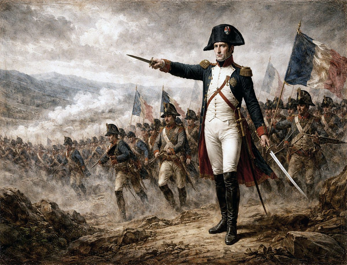 Napoleón liderando al ejército francés durante una ofensiva militar en representación histórica