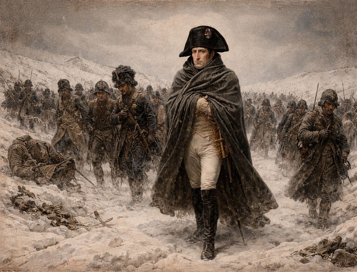 Napoleón Bonaparte avanzando con tropas francesas en paisaje nevado durante una campaña militar invernal