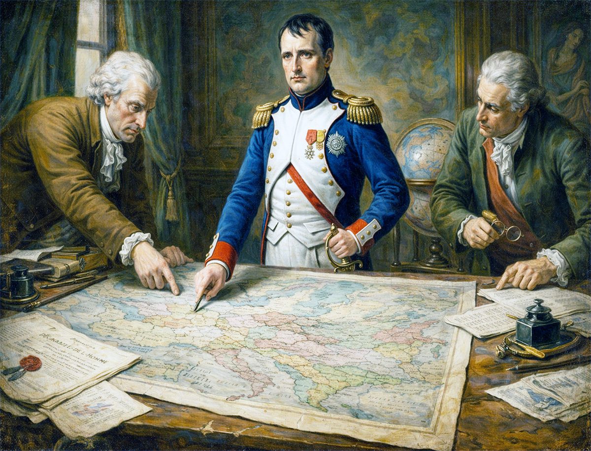 Pintura de Napoleón Bonaparte con uniforme militar en el centro de una mesa rodeado por dos asesores mientras analizan y señalan puntos específicos en un gran mapa desplegado de Europa